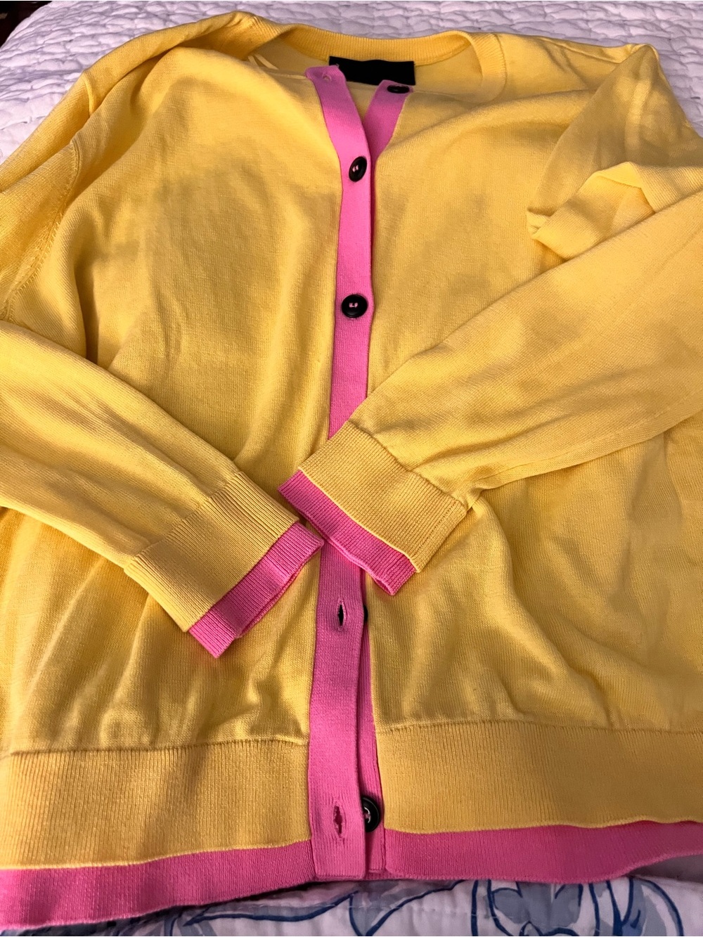 Zara Yellow Cardigan with Pink Trim and Black Buttons - Picture 3 of 6